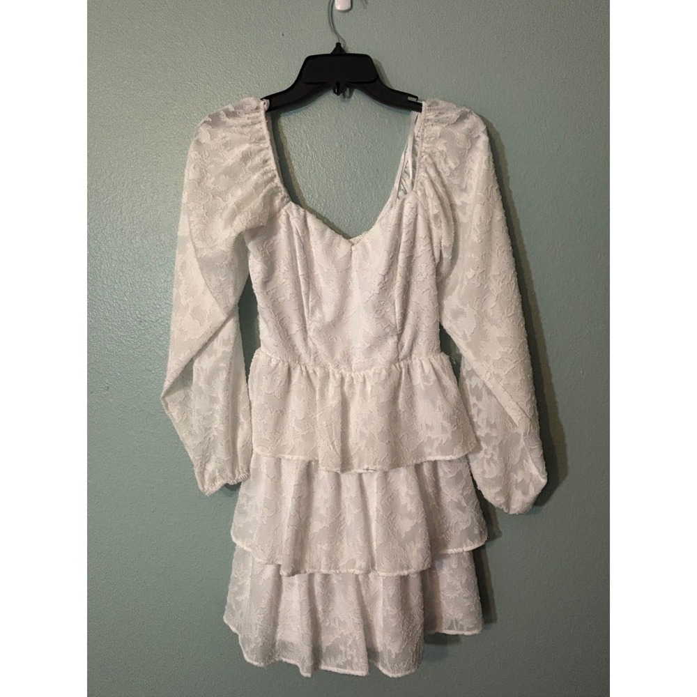 Next up White Floral Jacquard Tiered Mini Dress Sweetheart Balloon Sleeve sz 1/2